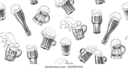 Seamless pattern with beer glasses. Background with sketch style spilled beer. Pint glassware. Black and white engraved illustrations for pub menu. Oktoberfest drinks. Hand drawn goblets of beer