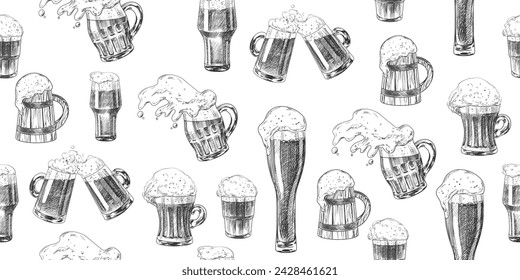 Seamless pattern with beer glasses. Background with sketch style spilled beer. Pint glassware. Black and white engraved illustrations for pub menu. Oktoberfest drinks. Hand drawn goblets of beer