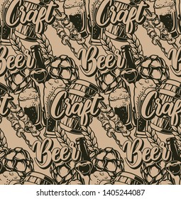 Seamless pattern with beer glasses, barrels, hops, lettering and other beer elements