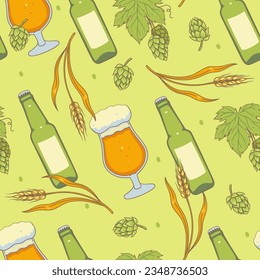 Seamless pattern with beer glasses, bottles, hops and barley. Vector graphics.
