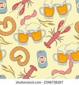 Seamless pattern with beer glasses, cans, barley, lobsters, sausages and pretzels. Vector graphics.