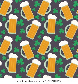 Seamless pattern with beer glasses and clover for St. Patrick's Day. Flat style background.