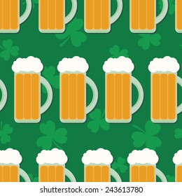 Seamless pattern with beer glasses and clover for St. Patrick's Day. Flat style background. 