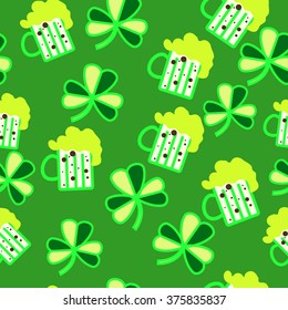 Seamless pattern with beer glasses and clover for St. Patrick's Day. Flat style background.