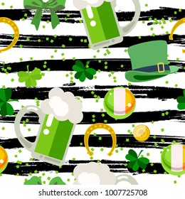 Seamless pattern with beer glasses, green clover and Irish flag. St. Patrick's Day vector illustration