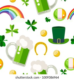 Seamless pattern with beer glasses, green clover, rainbow, hat and Irish flag. St. Patrick's Day vector illustration