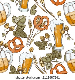 Seamless pattern with beer glasses and hops. Repeatable endless pattern for wrapping and packaging design with beer brewing items, barley and pretzels, hand drawn sketch vector background.