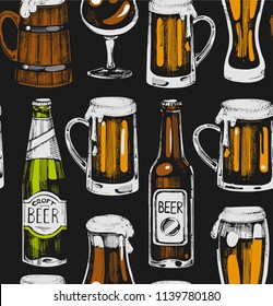 Seamless pattern with beer glasses on the black background. Color illustration