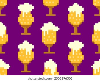 Seamless pattern with beer glasses in pixel style. 8 bit beer mug with foam. Pixel beer in 8-bit retro graphics style of 80s and 90s. Design for banners and posters. Vector illustration