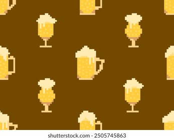 Seamless pattern with beer glasses in pixel style. 8 bit beer mug with foam. Pixel beer in 8-bit retro graphics style of 80s and 90s. Design for banners and posters. Vector illustration