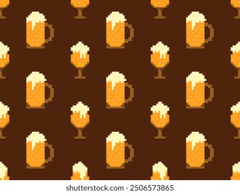 Seamless pattern with beer glasses in pixel style. 8 bit beer mug with foam. Pixel beer in 8-bit retro graphics style of 80s and 90s. Design for banners and posters. Vector illustration
