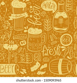 Seamless pattern with beer and hand-drawn lettering. Beer and Snack. Background for bar, pub, cafe, fest and party. Vector cartoon Illustration.