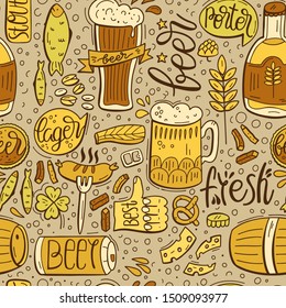 Seamless pattern with beer and hand-drawn lettering. Beer and Snack. Octoberfest background design with Typography. Vector cartoon Illustration.