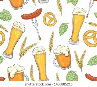 Seamless pattern with beer, hops, wheat, sausages and pretzels