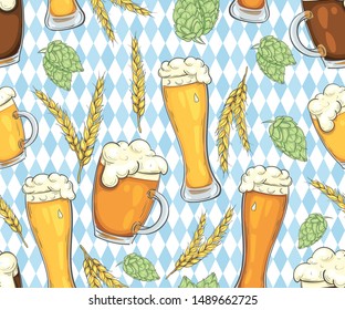 Seamless pattern with beer, hops and wheat