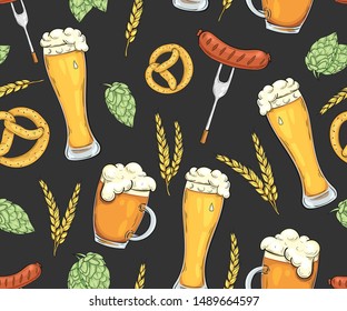  Seamless pattern with beer, hops, wheat, sausages and pretzels