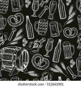 Seamless pattern of beer icons on black background. Sketch style illustration of beer theme for vintage decorations of pub or bar menu. Vector.