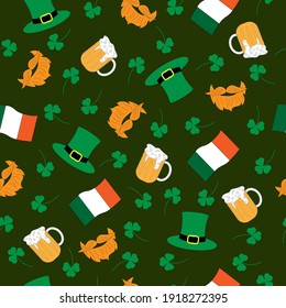 Seamless pattern with beer, leprechaun hat, beard and mustache, shamrock and irish flag