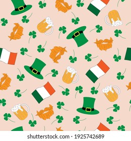 Seamless pattern with beer, leprechaun hat, beard and mustache, shamrock and irish flag on pink background