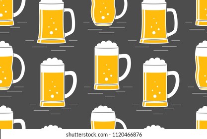 Seamless pattern with beer. line style. isolated on black background