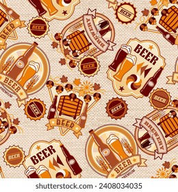 Seamless pattern with beer logos, beer icons. Scattered objects on beige jute textured background. For branding, decoration of beer package, decorative print. Simple flat style
