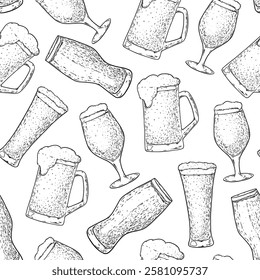 Seamless pattern with beer mug and beer glass. Hand drawn beer with foam. Vector illustration.	