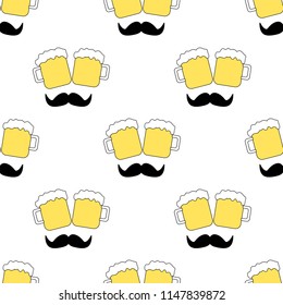 Seamless pattern with beer mug and mustache on the white background. Vector illustration