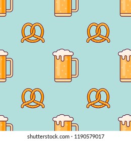 Seamless pattern with beer mug and pretzel on teal background. Vector texture.