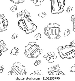 seamless pattern beer mug sketches, beer with foam, black and white images on white background, hand drawing style, vector illustration