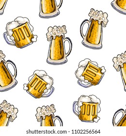 seamless pattern beer mug sketches, beer with foam, colored images on white background, hand drawing style, vector illustration