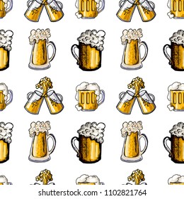 seamless pattern beer mug sketches, beer with foam, colored images on white background, hand drawing style, vector illustration