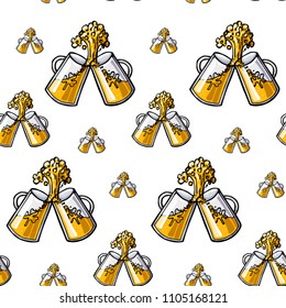 seamless pattern beer mug sketches, beer with foam, colored images on white background, hand drawing style, vector illustration