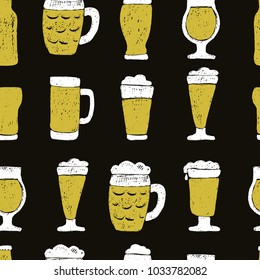 Seamless pattern of beer mugs and bottle. Hand drawn vector illustration.