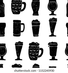 Seamless pattern of beer mugs and bottle. Hand drawn vector illustration.