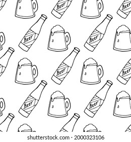 Seamless pattern with beer mugs and bottle on white background. Vector image.