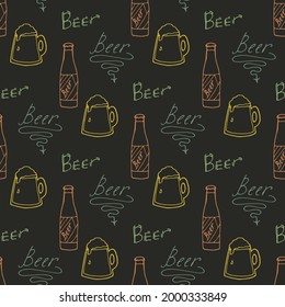 Seamless pattern with beer mugs and bottle on black background. Vector image.