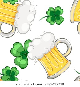 Seamless pattern with beer mugs and clover leaves, for st. patrick's day. St. Patrick's day gift wrapping seamless