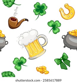 Seamless pattern with beer mugs and clover leaves, golden horseshoe. for beer halls, for st. patricks day