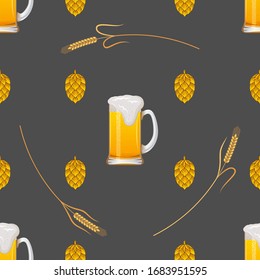 Seamless pattern with beer mugs, ears and hop cones on gray background. Design element for banner, fabric, wallpaper or wrapping paper. Vector color illustration.