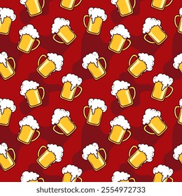 Seamless pattern of beer mugs with frothy foam on a red background, perfect for festive and celebratory designs, bar and pub themes, or Oktoberfest decorations