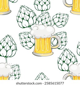 Seamless pattern with beer mugs, for beer gardens, for st. patricks day