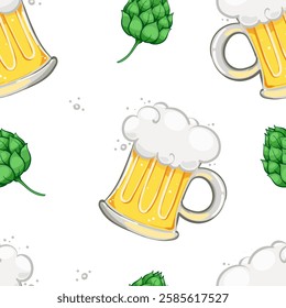 Seamless pattern with beer mugs, for beer gardens, St. Patrick's day gift wrapping seamless