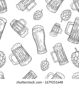 Seamless pattern with beer mugs and hop. Vintage design for poster, package, card, banner, flyer. Vector illustration