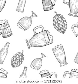 Seamless pattern with beer mugs and hop. Vintage design for poster, package, card, banner, flyer. Vector illustration