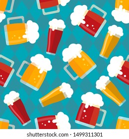 Seamless pattern with beer mugs on blue background. Oktoberfest beer festival in the Munich, Germany. Vector illustration. Design element for banner, fabric, wallpaper or wrapping paper.