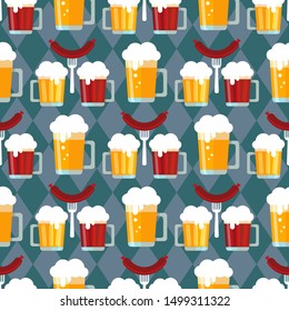 Seamless pattern with beer mugs on dark background. Oktoberfest beer festival in the Munich, Germany. Vector illustration. Design element for banner, fabric, wallpaper or wrapping paper.
