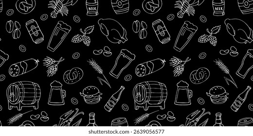 Seamless pattern with beer mugs and snacks, Single color hand drawn outline illustration.