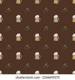 Seamless pattern with beer mugs and spikelets. Color hand-drawn flat vector illustration.