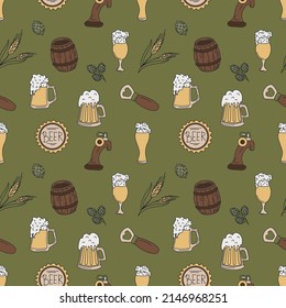 Seamless pattern with beer mugs and spikelets. Color hand-drawn flat vector illustration.