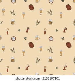 Seamless pattern with beer mugs and spikelets. Color hand-drawn flat vector illustration.